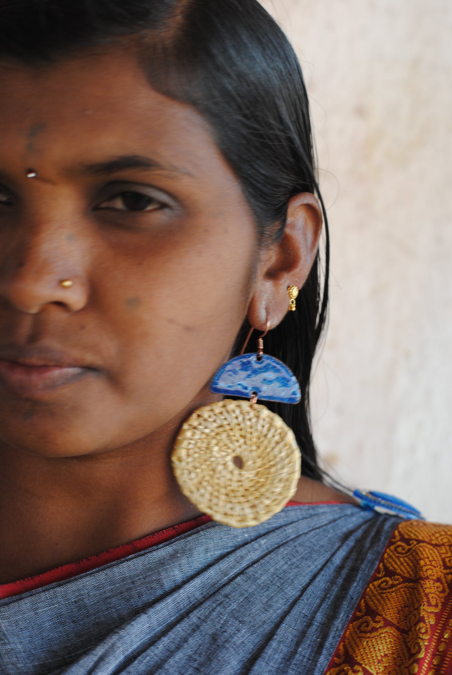Truna natural fibre golden grass and copper enamel handcrafted jewelry from Odisha, Chandrabindu earrings in blue