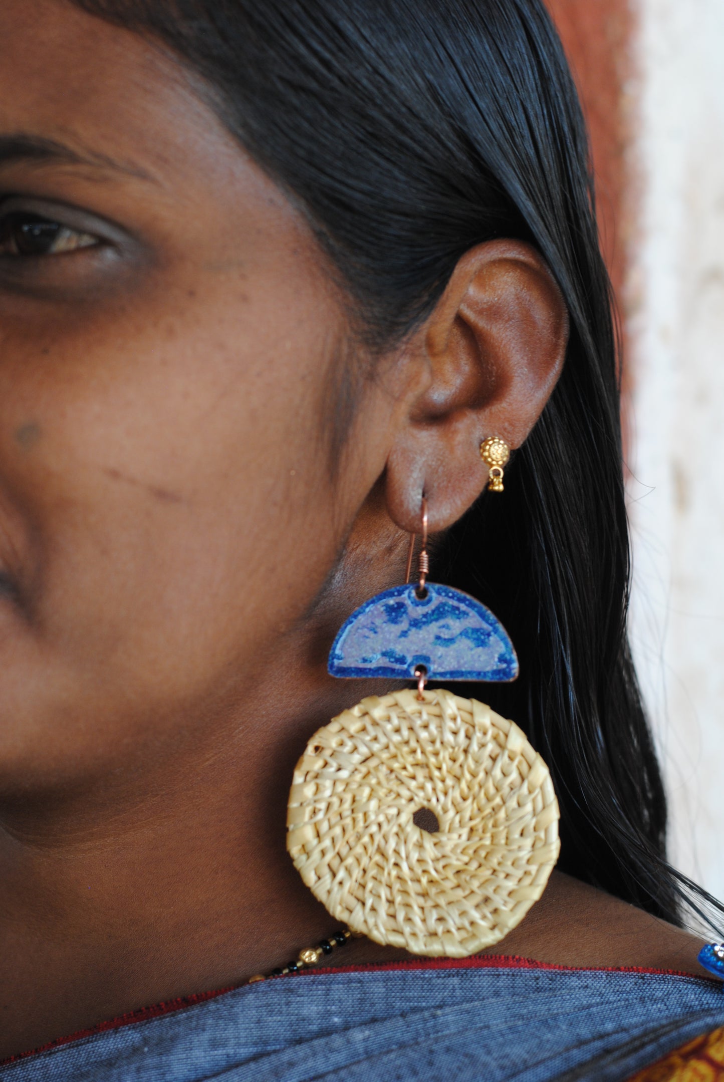Truna natural fibre golden grass and copper enamel handcrafted jewelry from Odisha, Chandrabindu earrings in blue