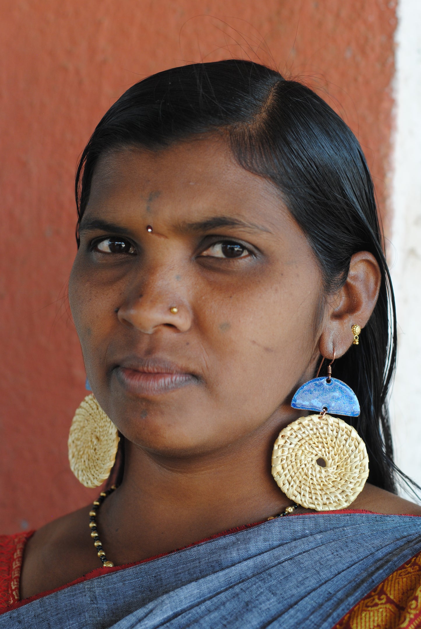 Truna natural fibre golden grass and copper enamel handcrafted jewelry from Odisha, Chandrabindu earrings in blue