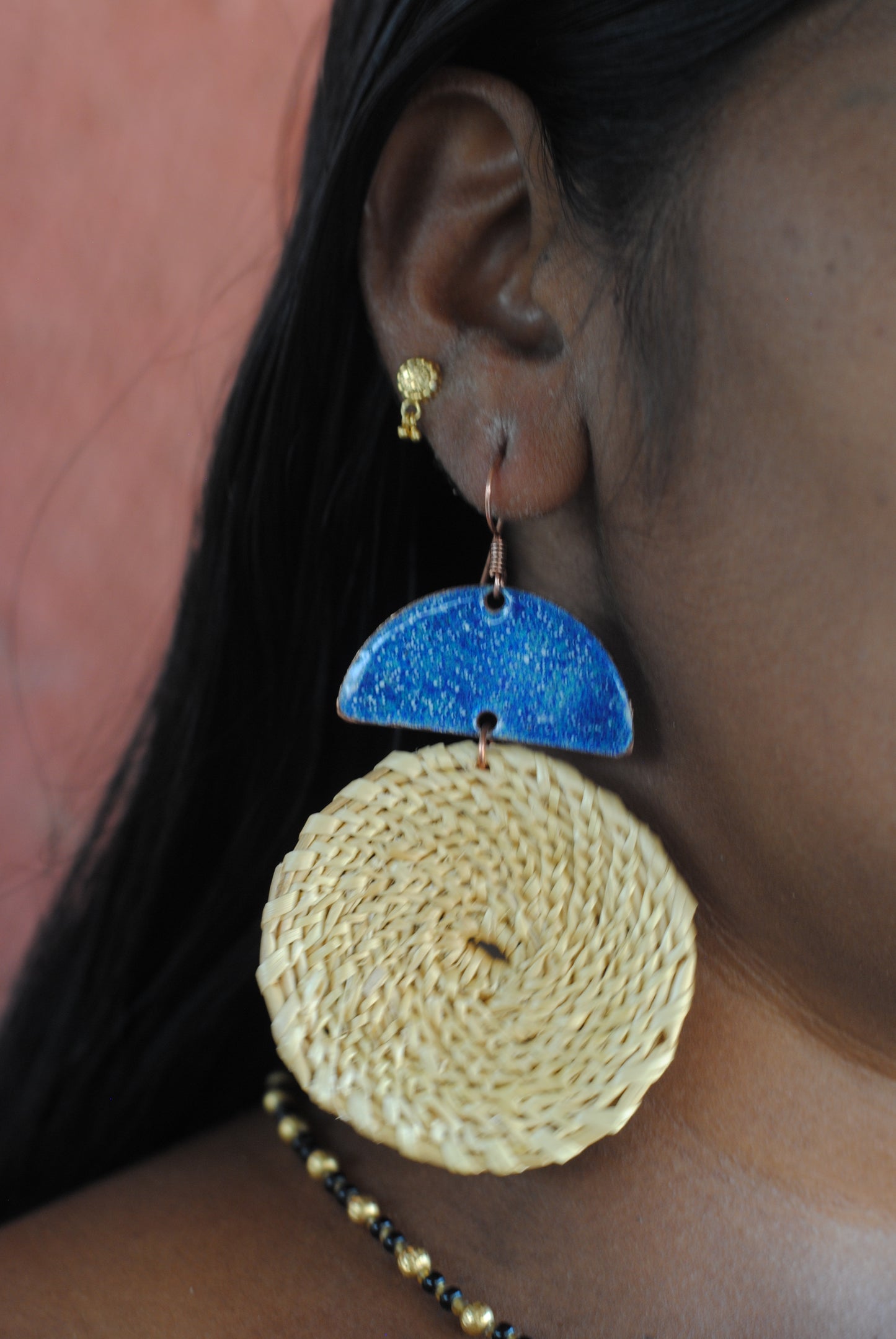 Truna natural fibre golden grass and copper enamel handcrafted jewelry from Odisha, Chandrabindu earrings in blue