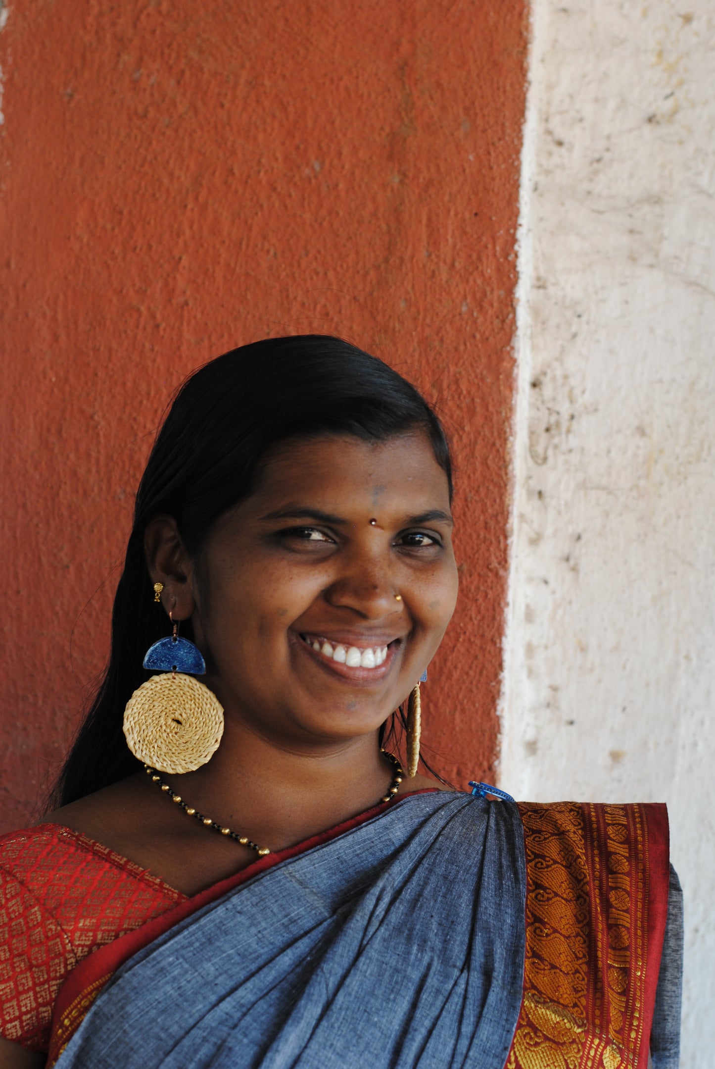Truna natural fibre golden grass and copper enamel handcrafted jewelry from Odisha, Chandrabindu earrings in blue