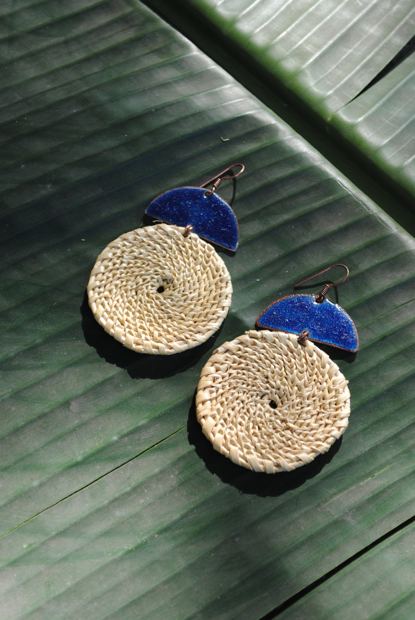 Truna natural fibre golden grass and copper enamel handcrafted jewelry from Odisha, Chandrabindu earrings in blue