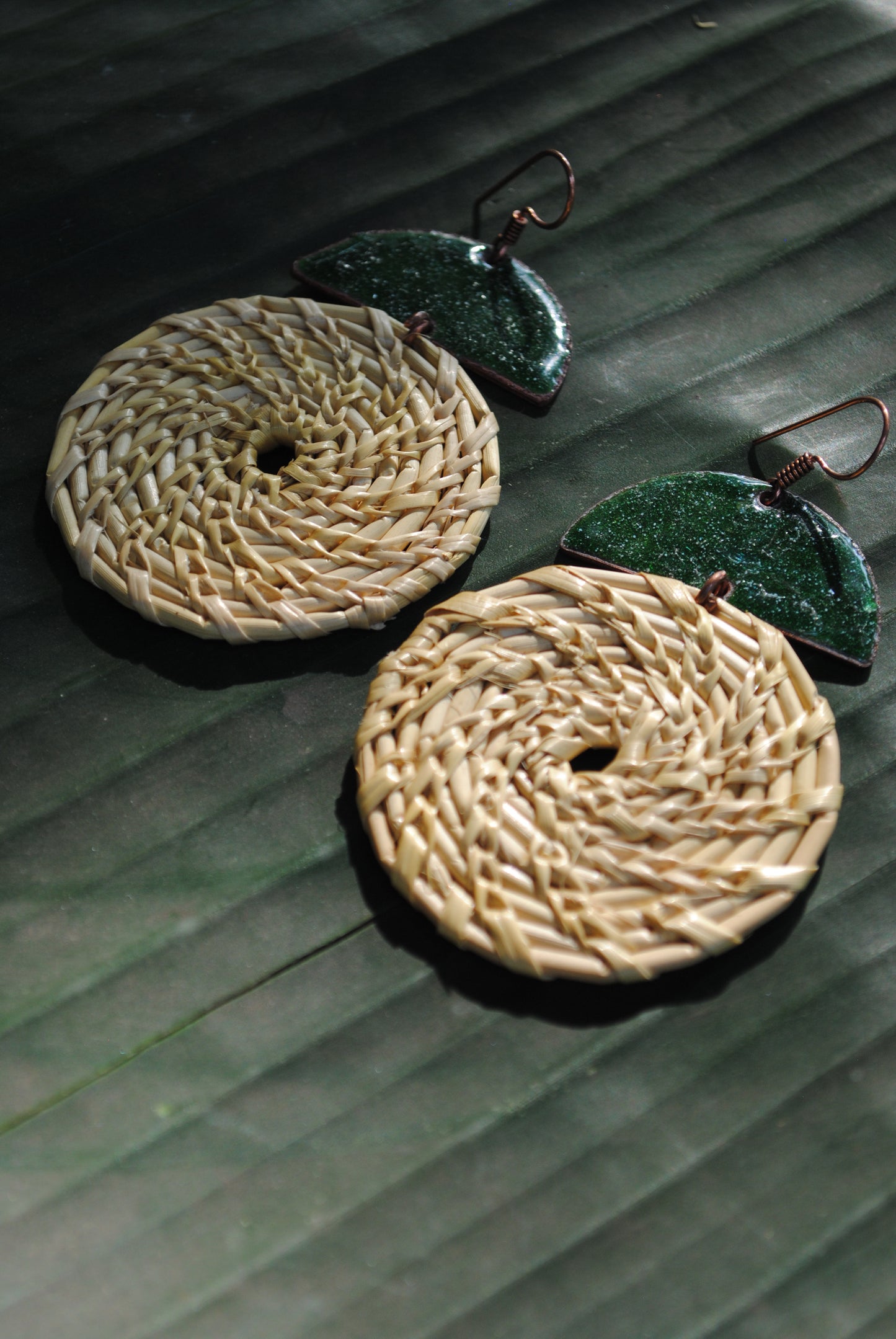 Truna natural fibre golden grass and copper enamel handcrafted jewelry from Odisha, Chandrabindu earrings in green