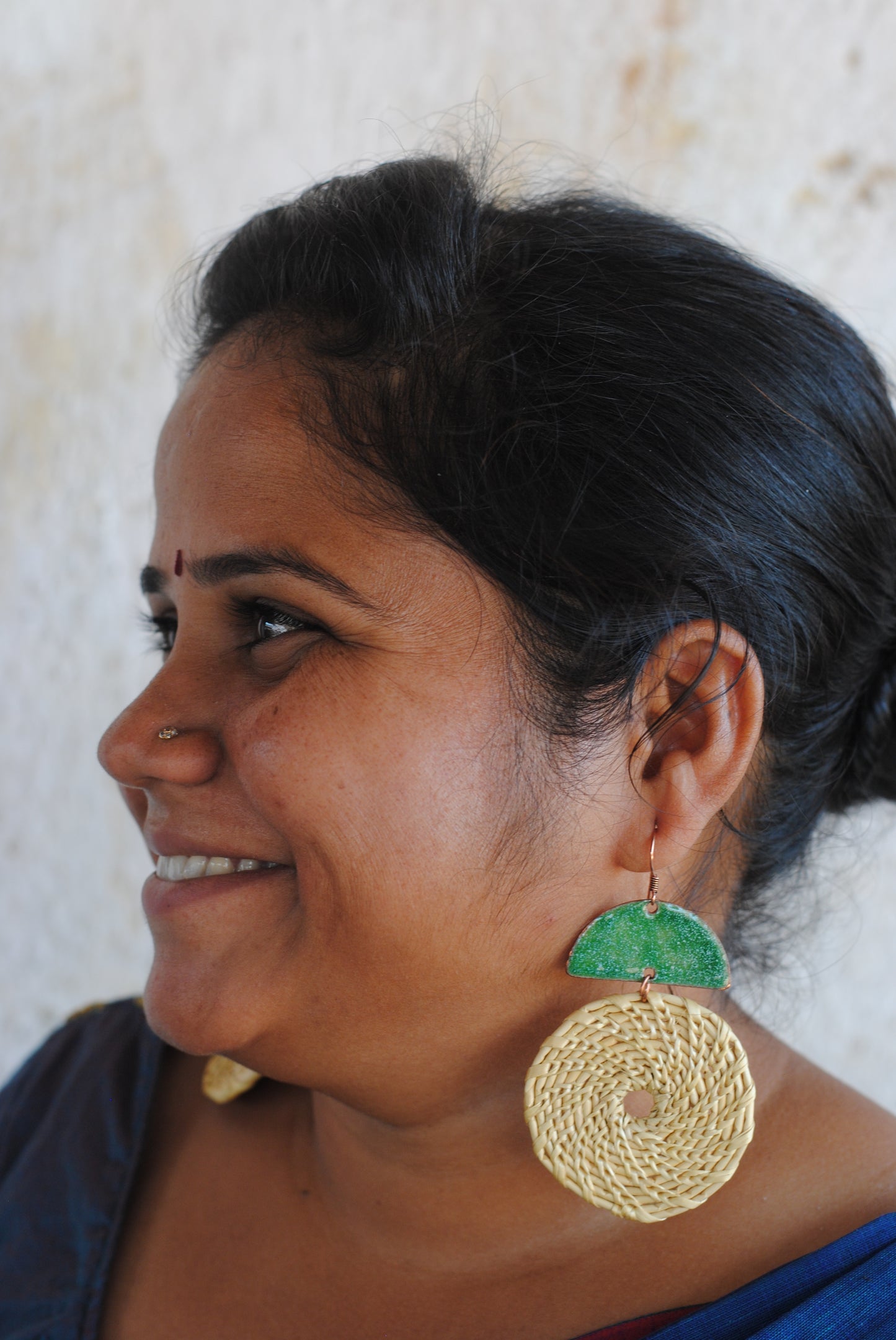 Truna natural fibre golden grass and copper enamel handcrafted jewelry from Odisha, Chandrabindu earrings in green