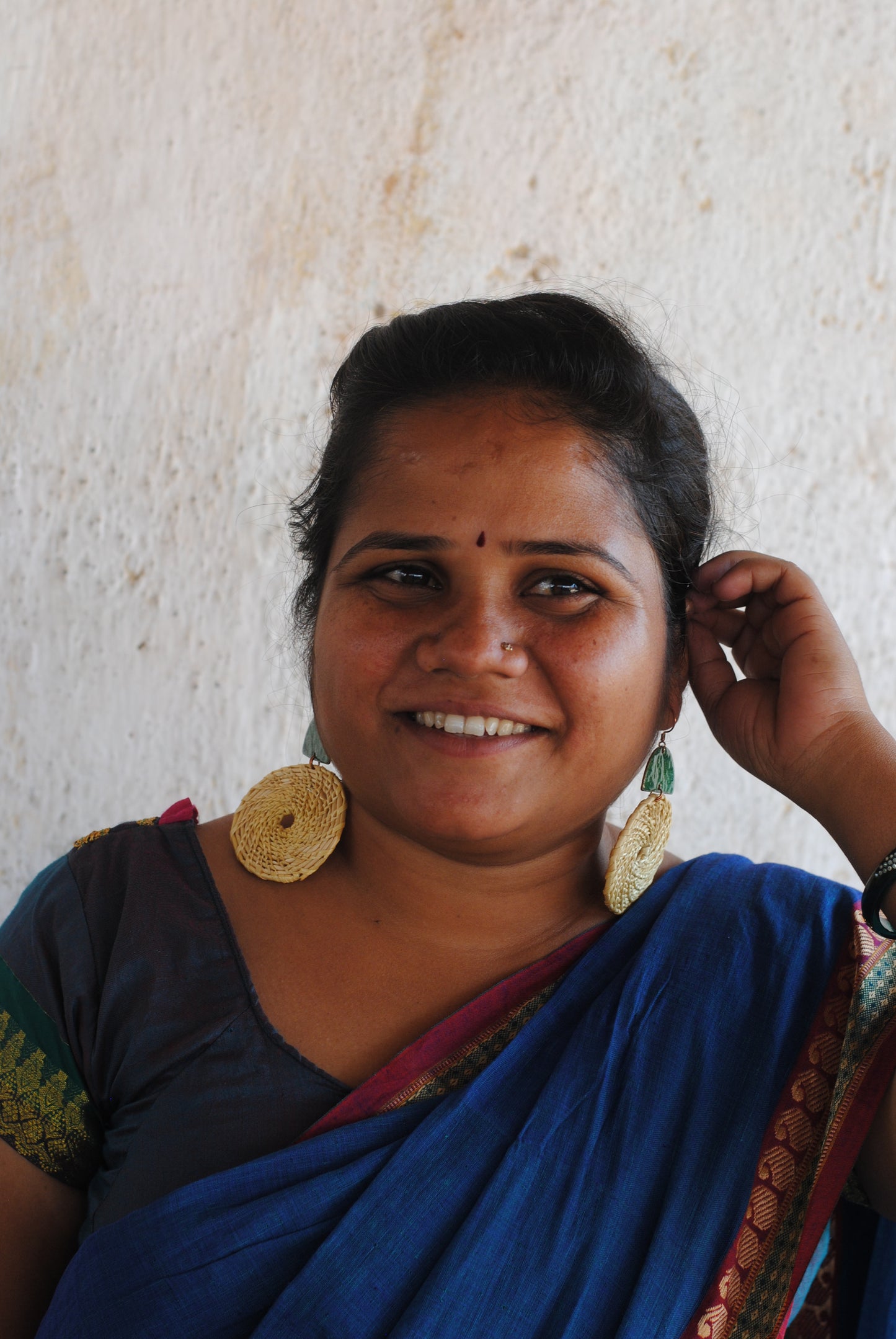 Truna natural fibre golden grass and copper enamel handcrafted jewelry from Odisha, Chandrabindu earrings in green