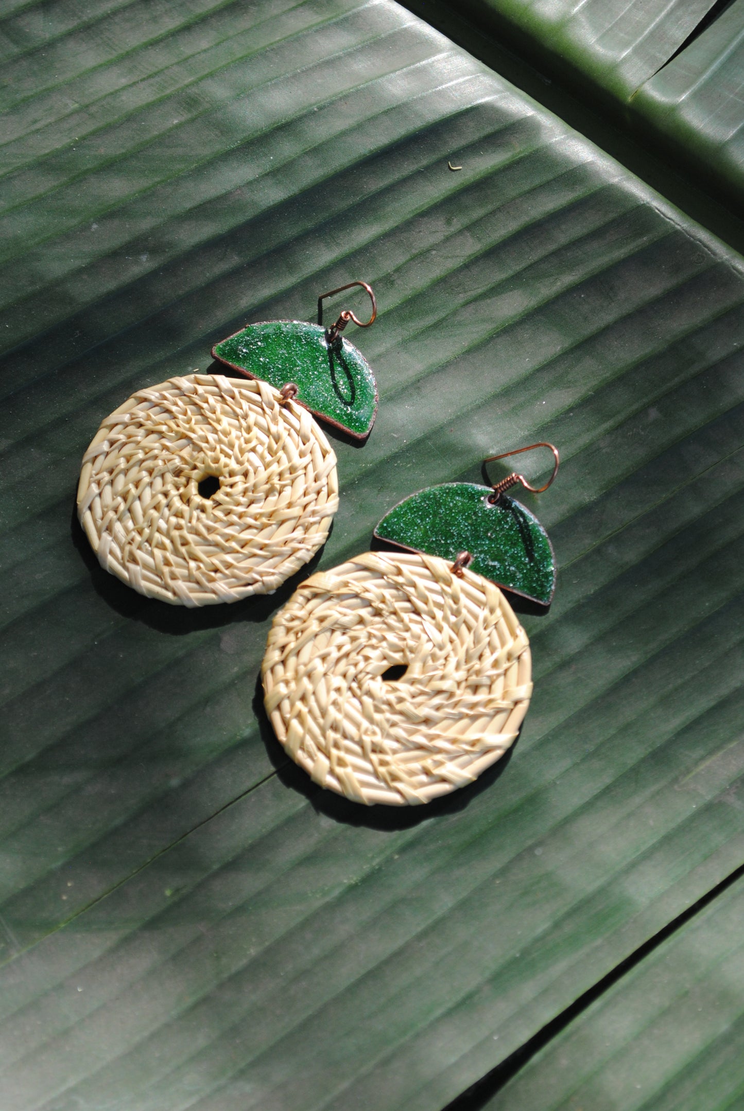 Truna natural fibre golden grass and copper enamel handcrafted jewelry from Odisha, Chandrabindu earrings in green