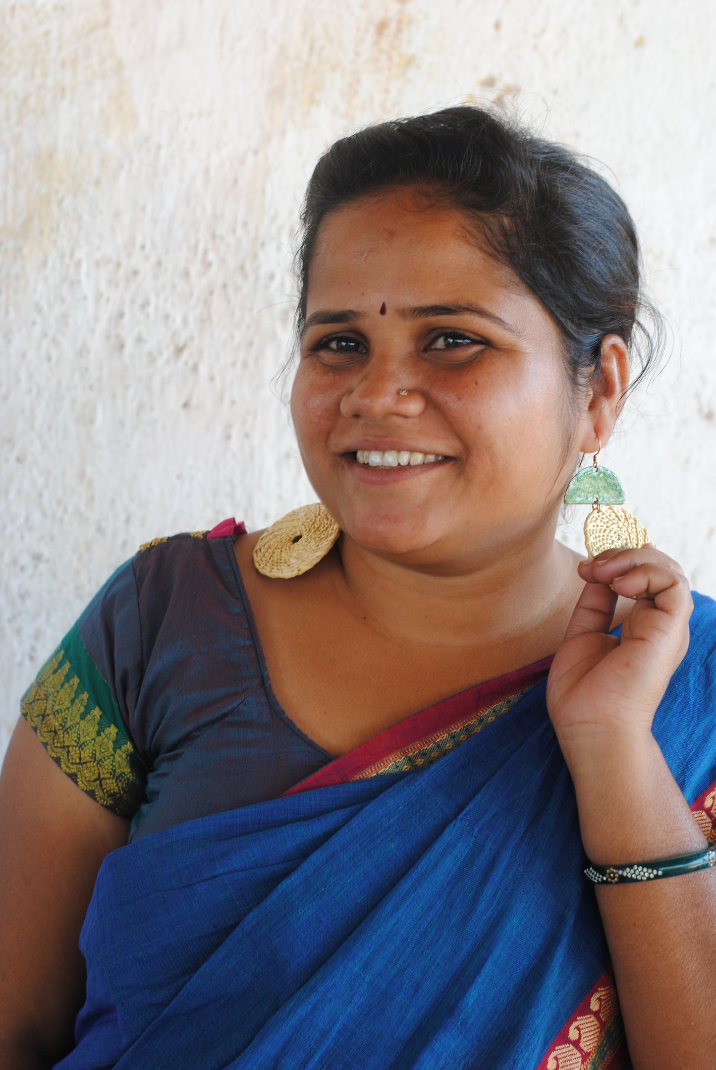 Truna natural fibre golden grass and copper enamel handcrafted jewelry from Odisha, Chandrabindu earrings in green