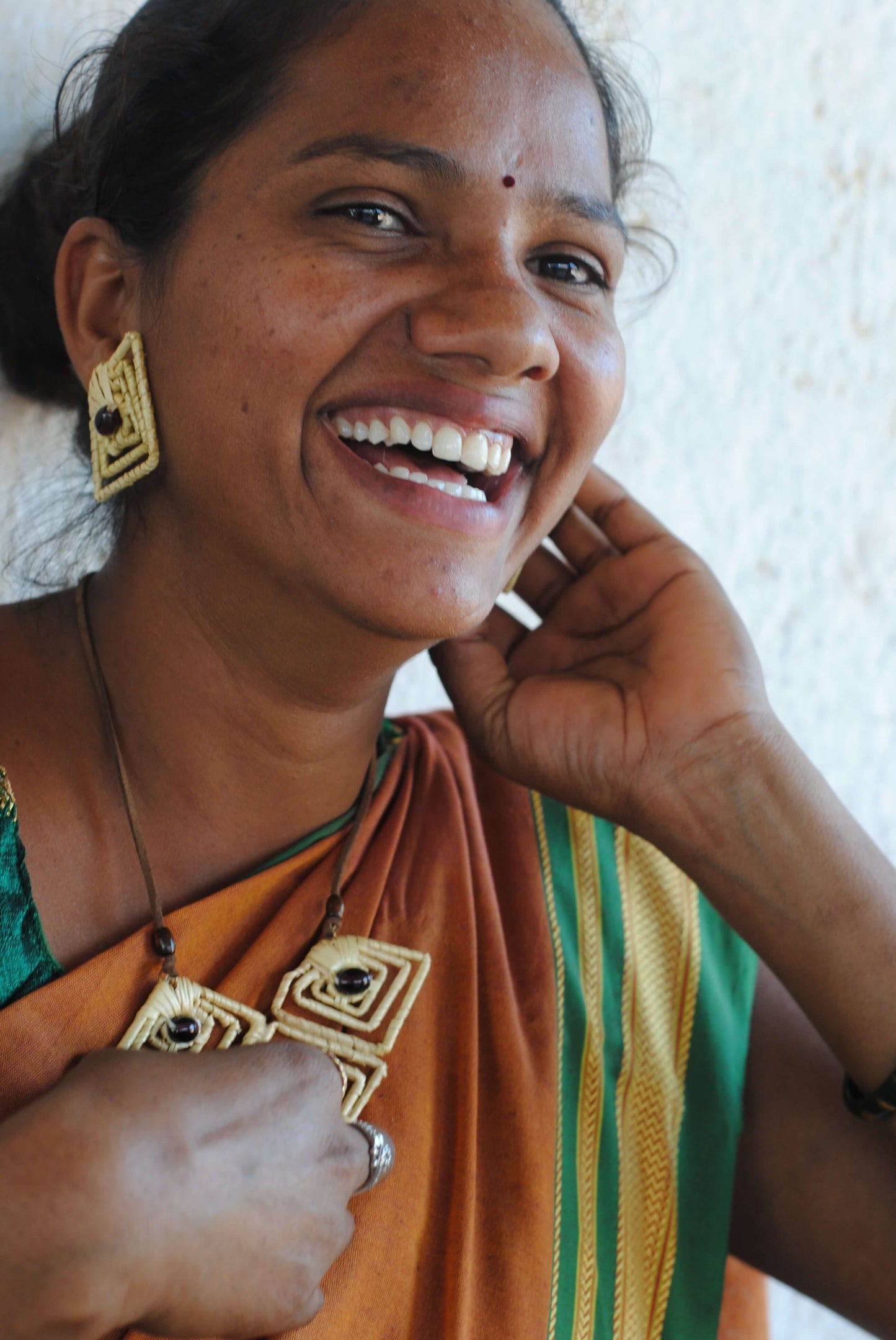 Truna natural fibre golden grass and copper enamel handcrafted earrings from Odisha, diamond shape