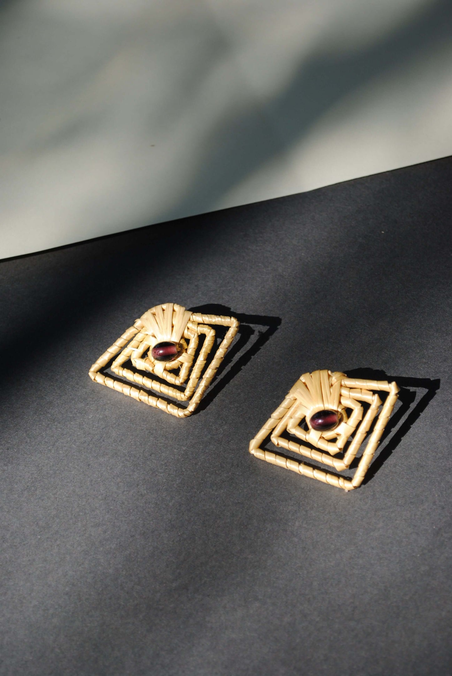 Truna natural fibre golden grass and copper enamel handcrafted earrings from Odisha, diamond shape