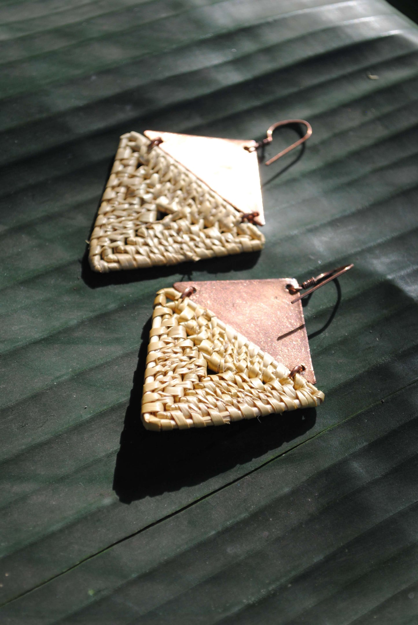 Truna natural fibre golden grass and copper enamel handcrafted jewelry from Odisha, Trikon earrings