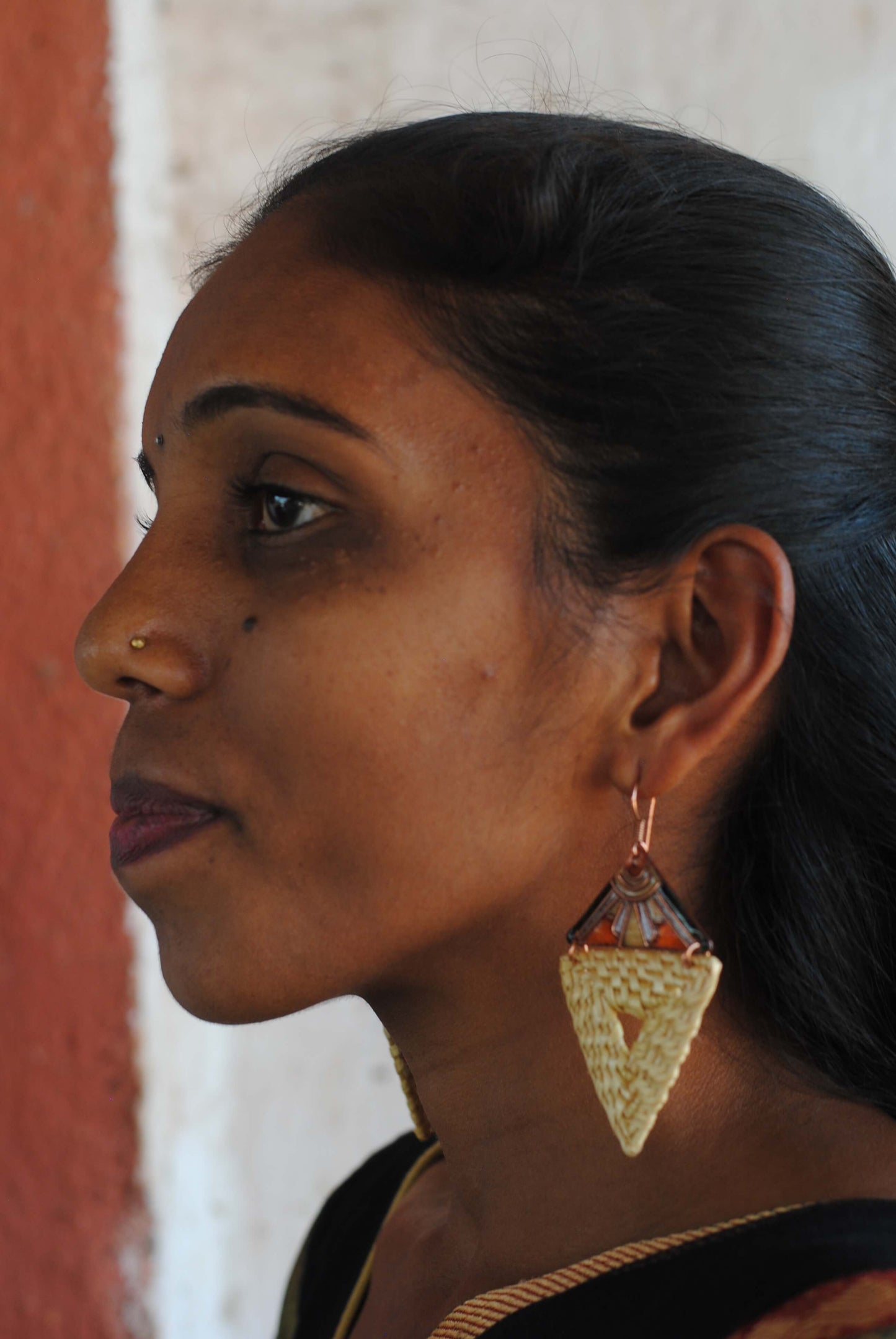 Truna natural fibre golden grass and copper enamel handcrafted jewelry from Odisha, Trikon earrings