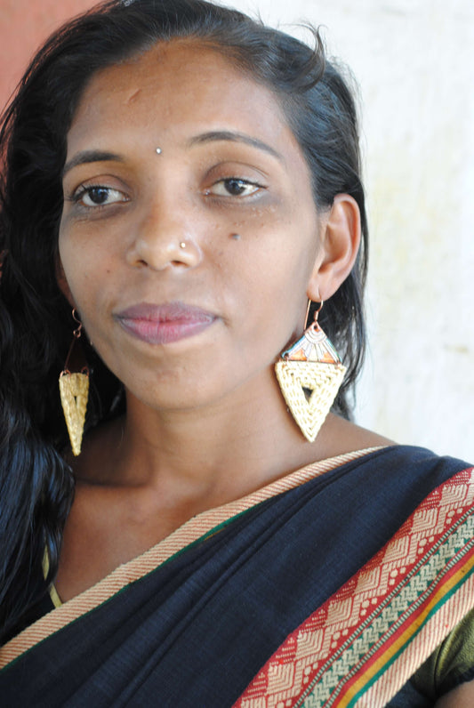 Truna natural fibre golden grass and copper enamel handcrafted jewelry from Odisha, Trikon earrings