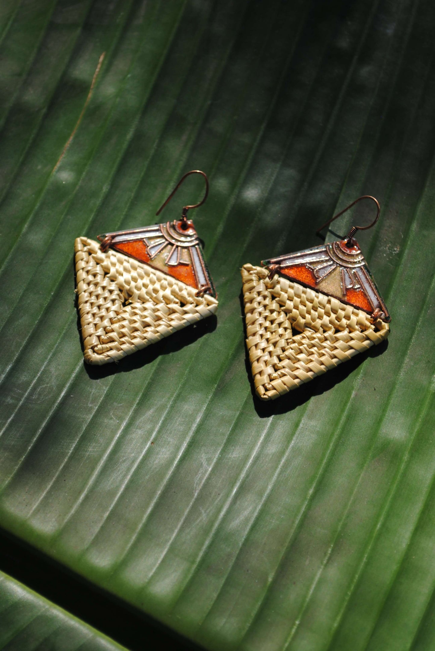 Truna natural fibre golden grass and copper enamel handcrafted jewelry from Odisha, Trikon earrings