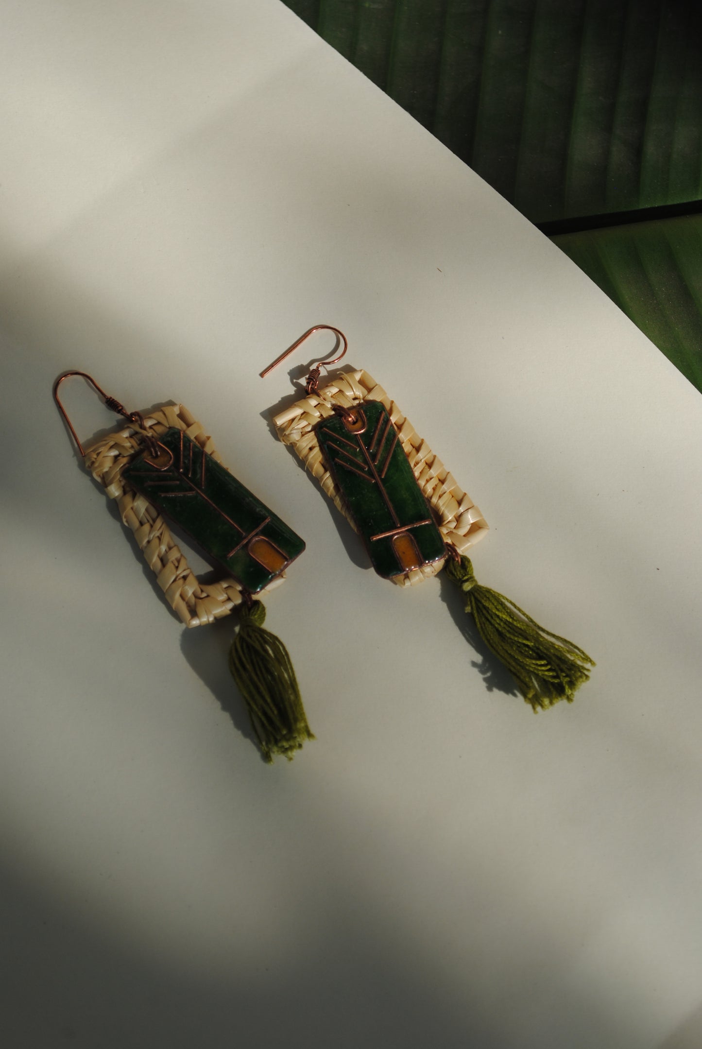 Truna natural fibre golden grass and copper enamel handcrafted jewelry from Odisha. Jharokha earrings