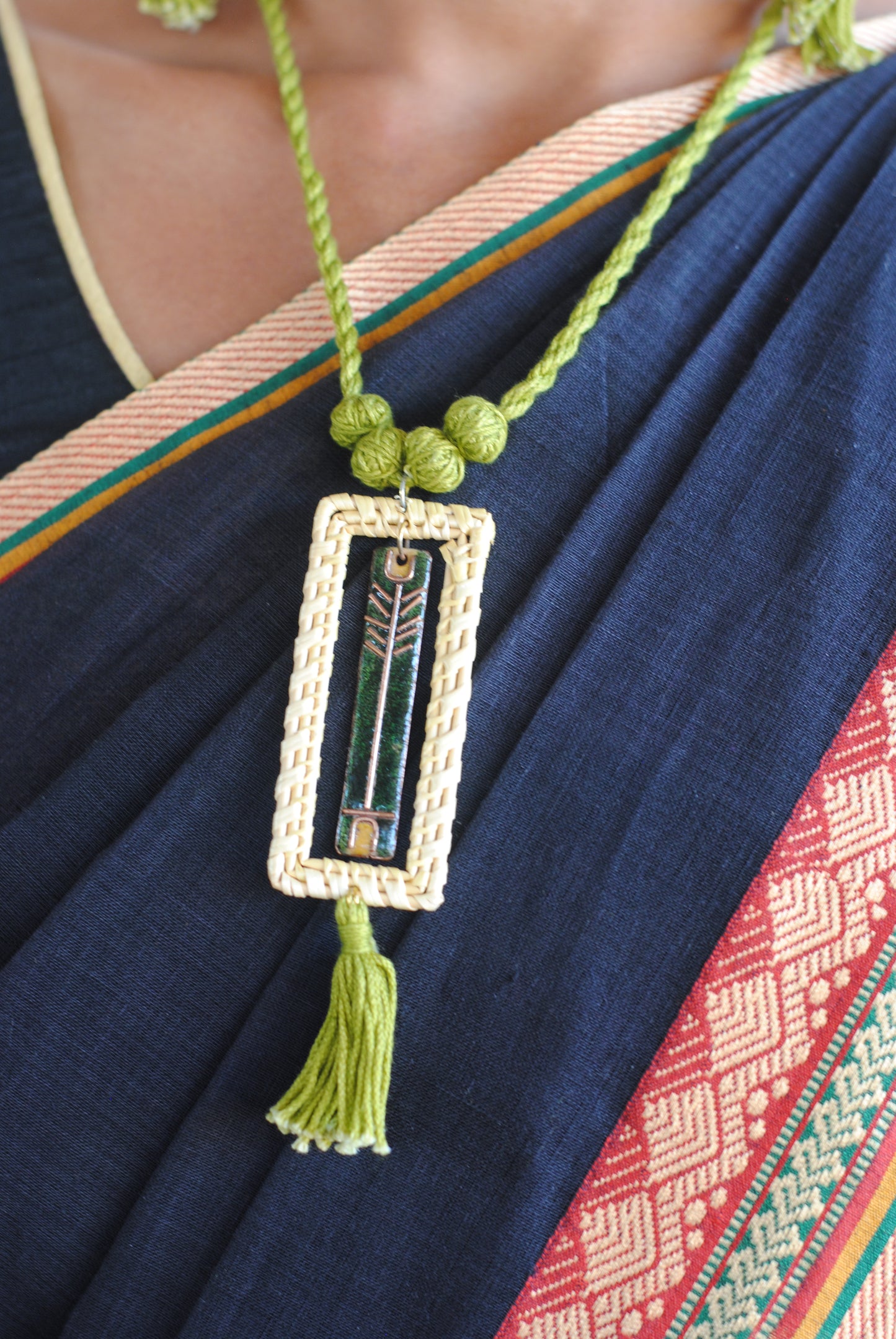 Truna natural fibre golden grass and copper enamel handcrafted jewelry from Odisha. Jharokha earrings