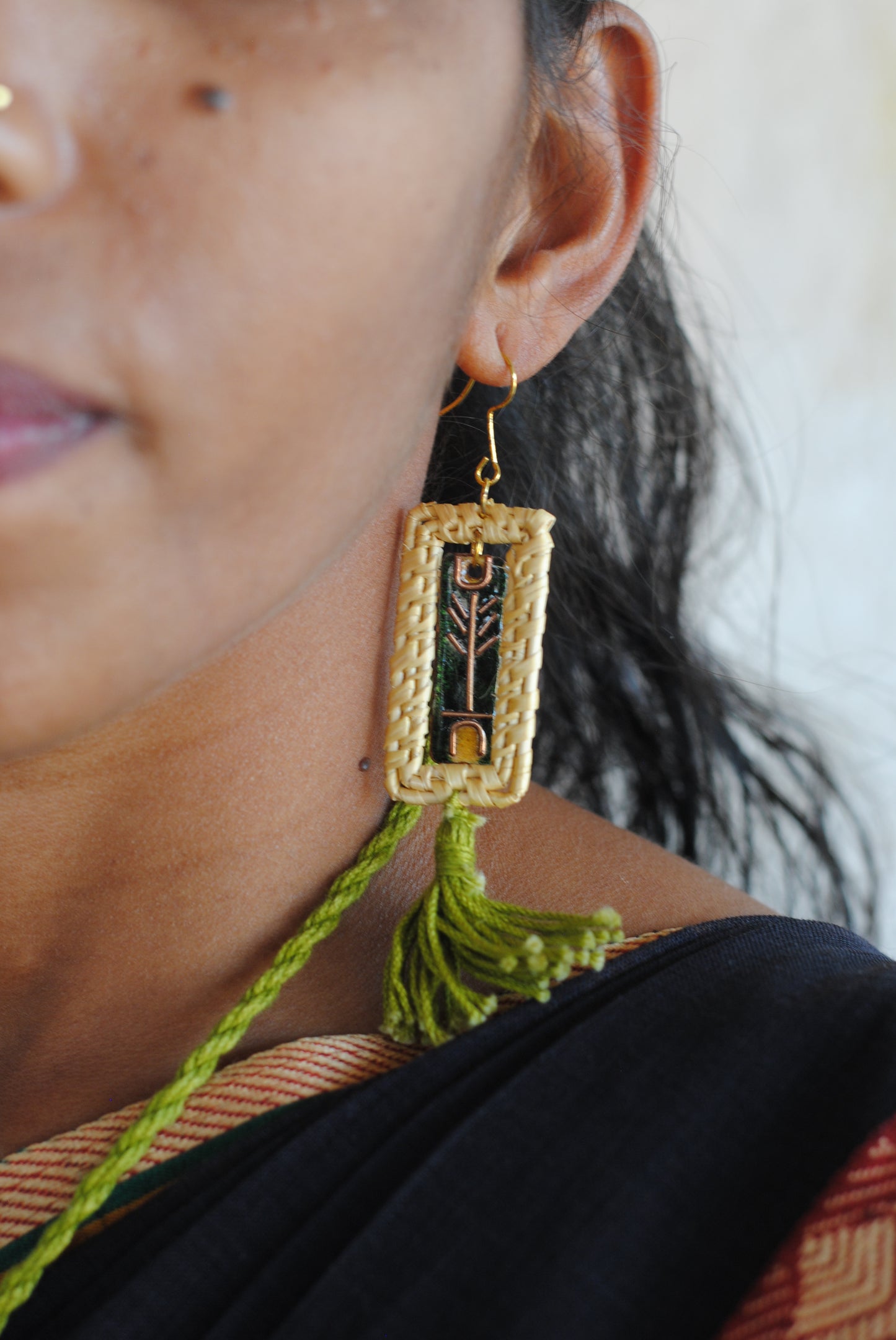 Truna natural fibre golden grass and copper enamel handcrafted jewelry from Odisha. Jharokha earrings