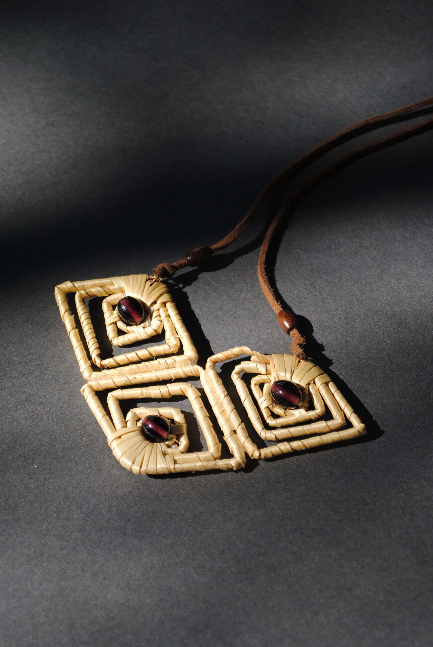 Truna natural fibre golden grass and copper enamel handcrafted earrings from Odisha, diamond shape