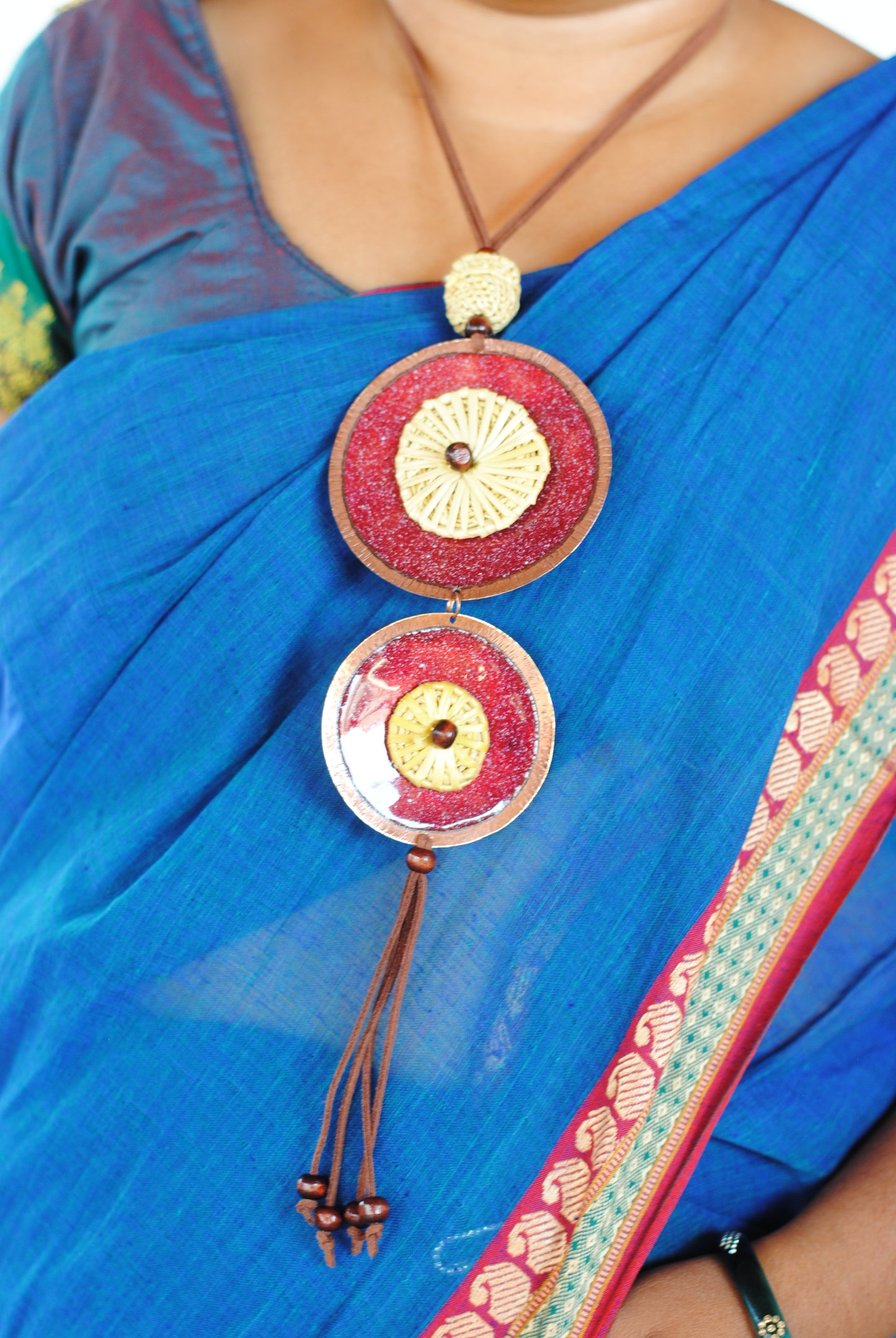 Truna natural fibre golden grass and copper enamel handcrafted jewelry from Odisha, Vaati red enamel pendant