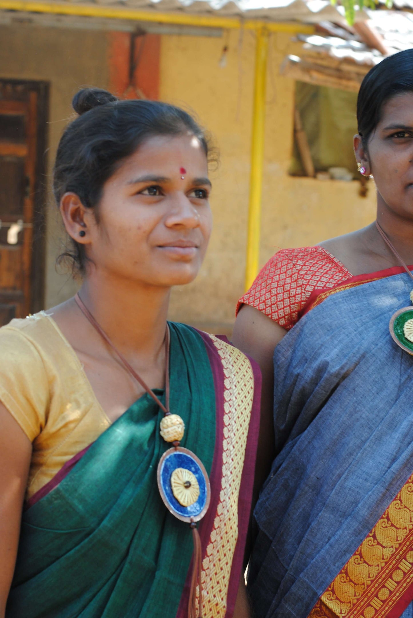 Truna natural fibre golden grass and copper enamel handcrafted jewelry from Odisha, Vaati blue pendant
