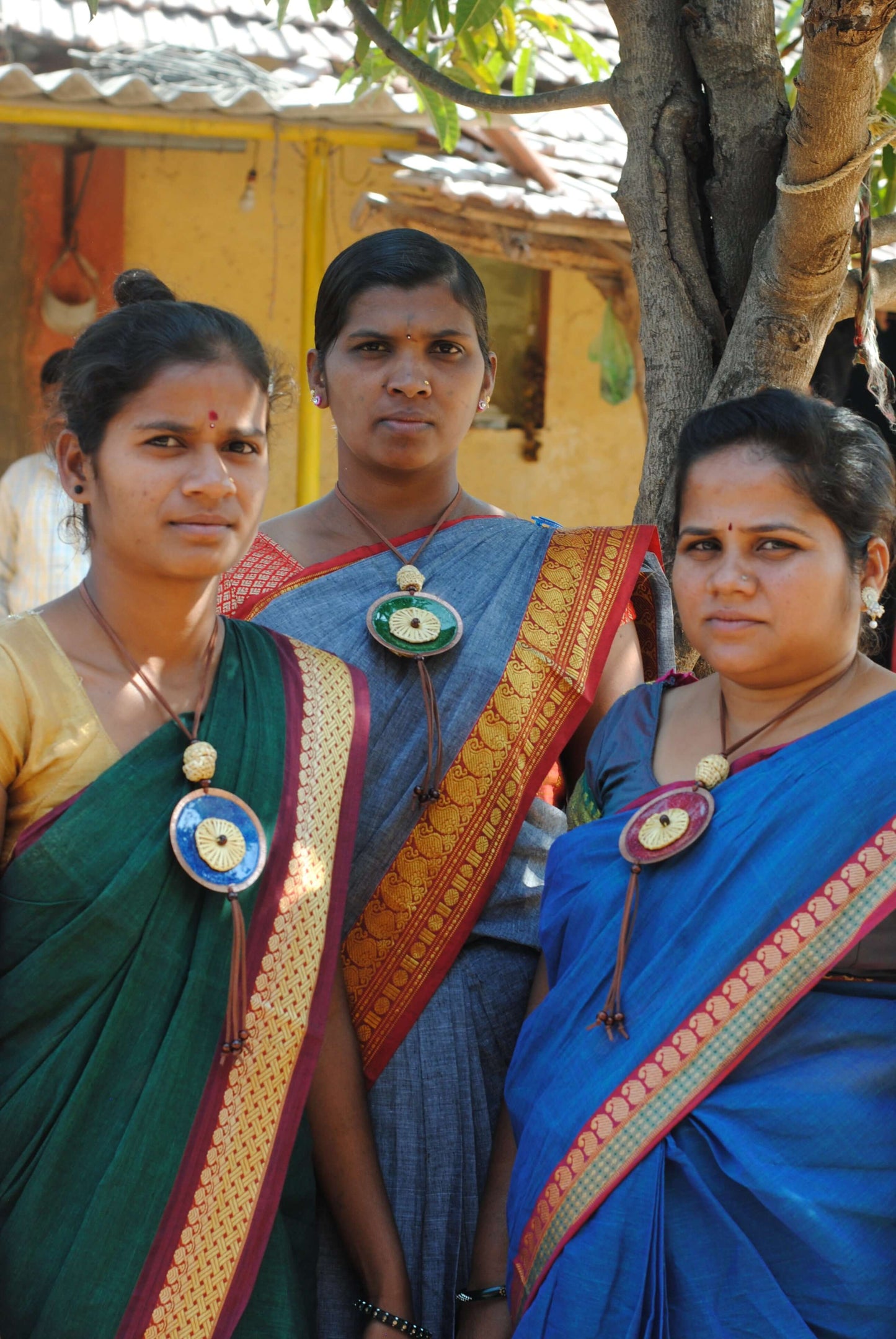 Truna natural fibre golden grass and copper enamel handcrafted jewelry from Odisha, Vaati blue pendant