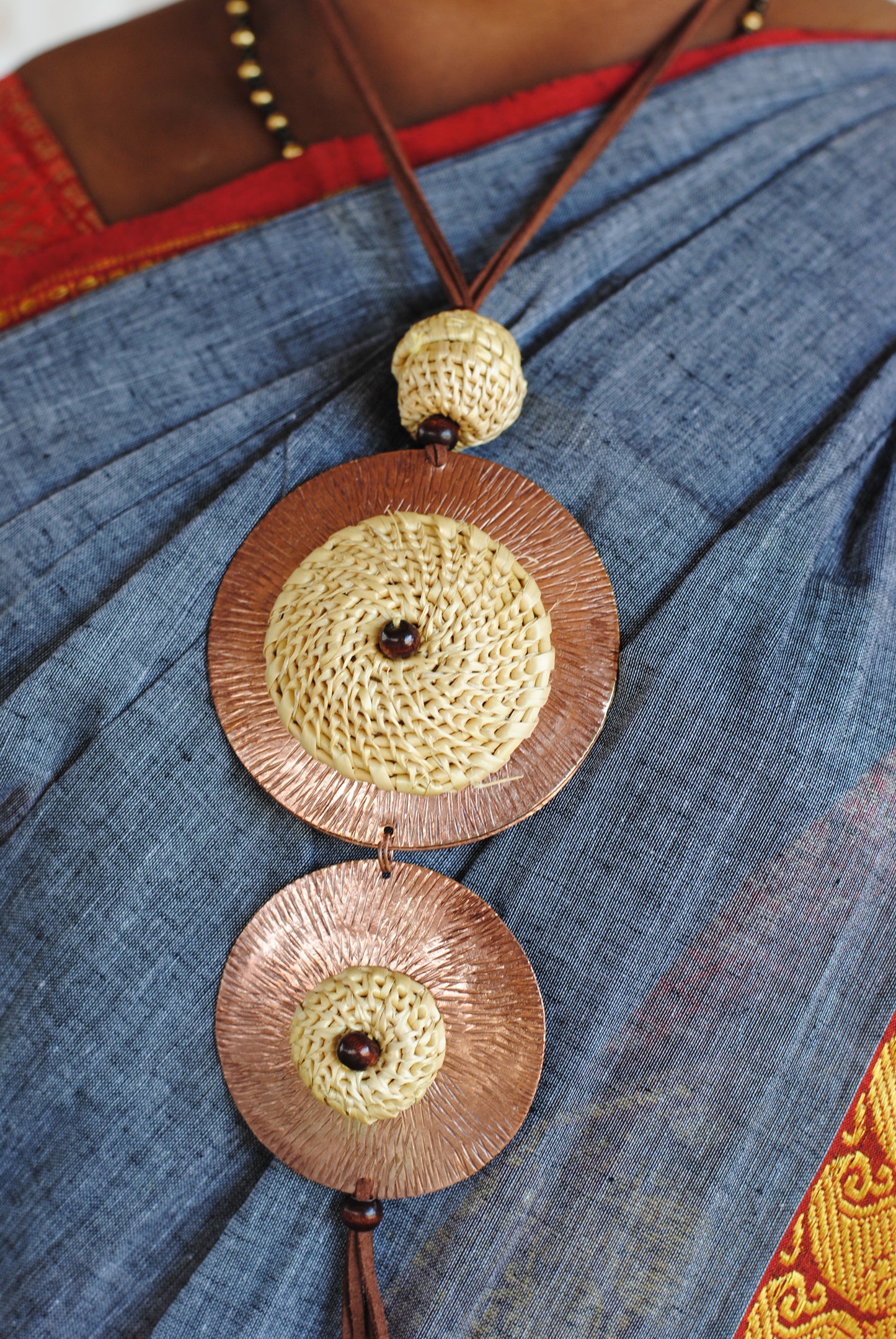 Truna natural fibre golden grass and copper enamel handcrafted jewelry from Odisha, Vaati red pendant
