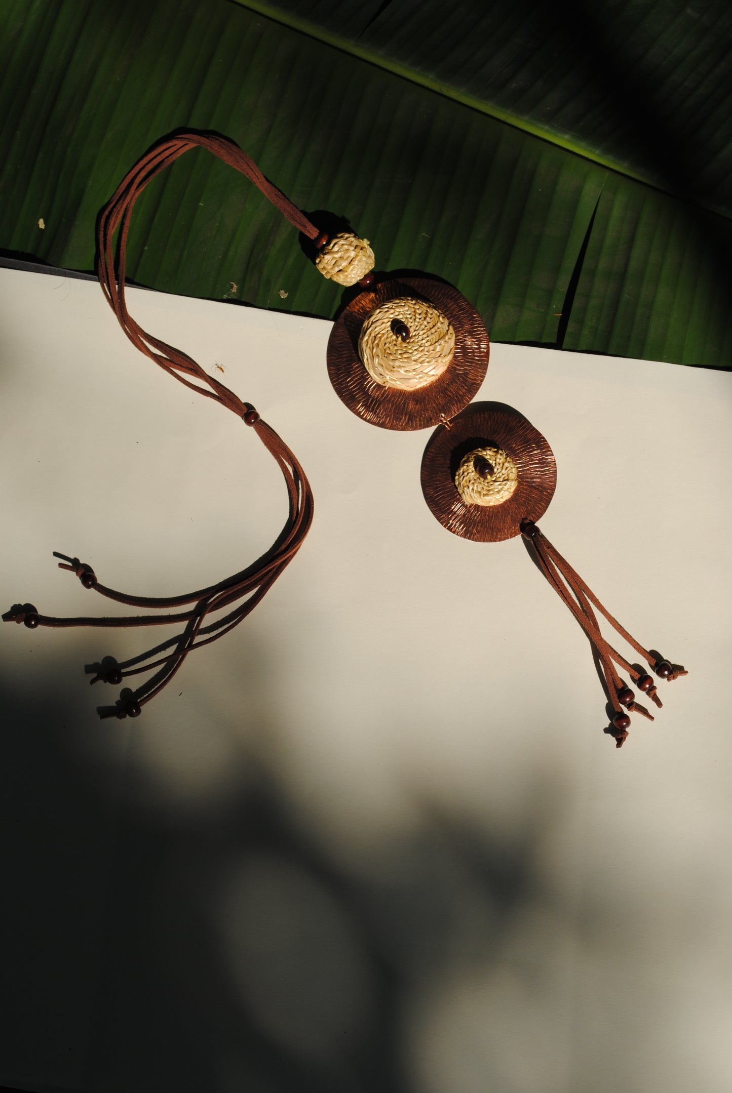 Truna natural fibre golden grass and copper enamel handcrafted jewelry from Odisha, Vaati red enamel pendant