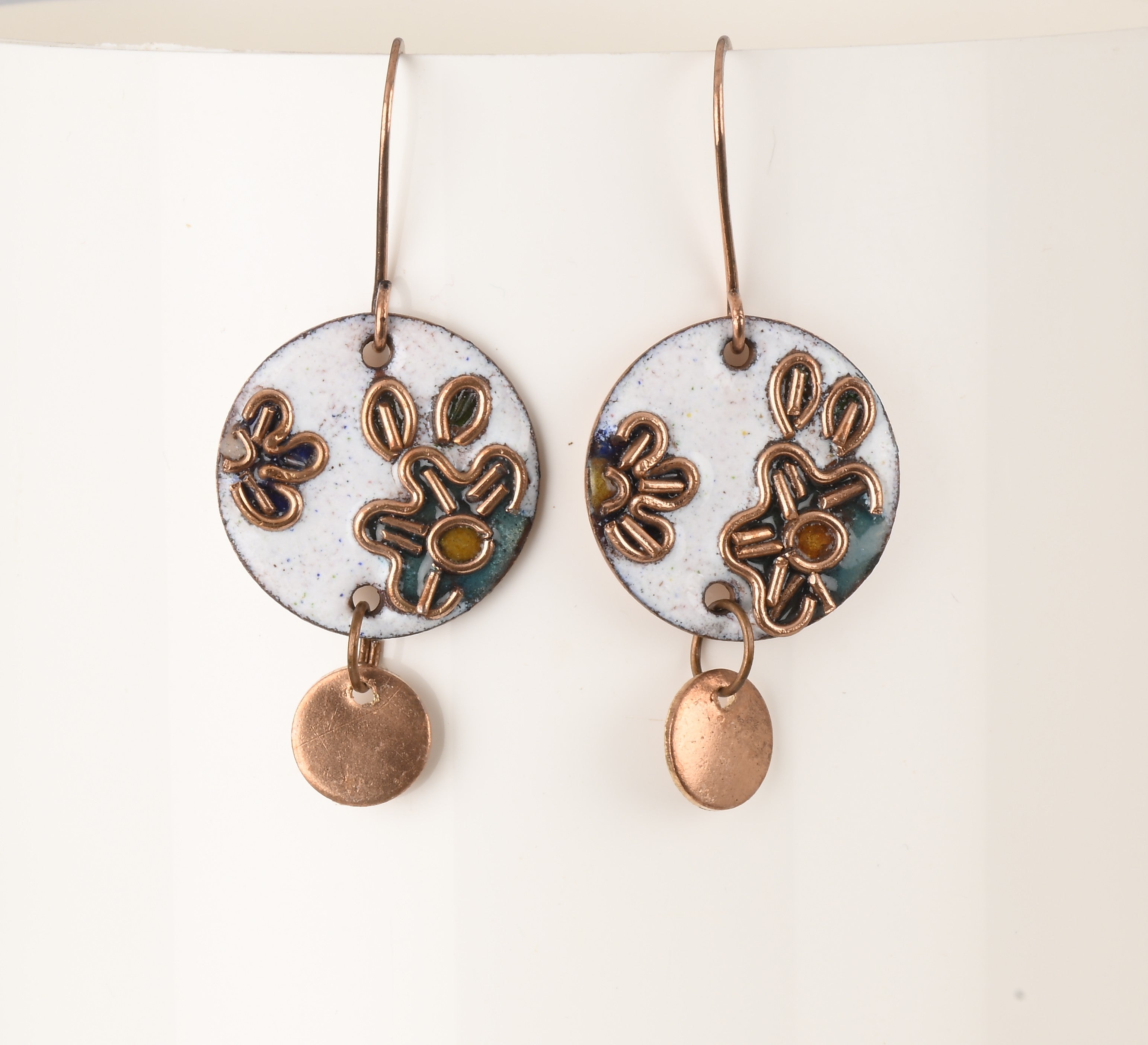 Handcrafted Flower Green Copper Enamel Earrings
