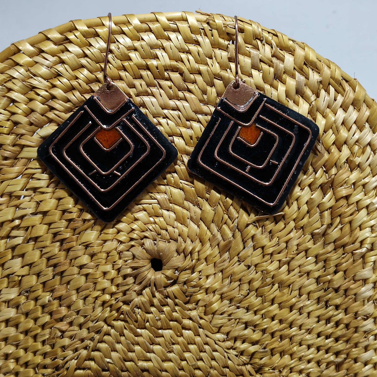 Handcrafted Diamond Shape Black/Orange Copper Enamel Earrings