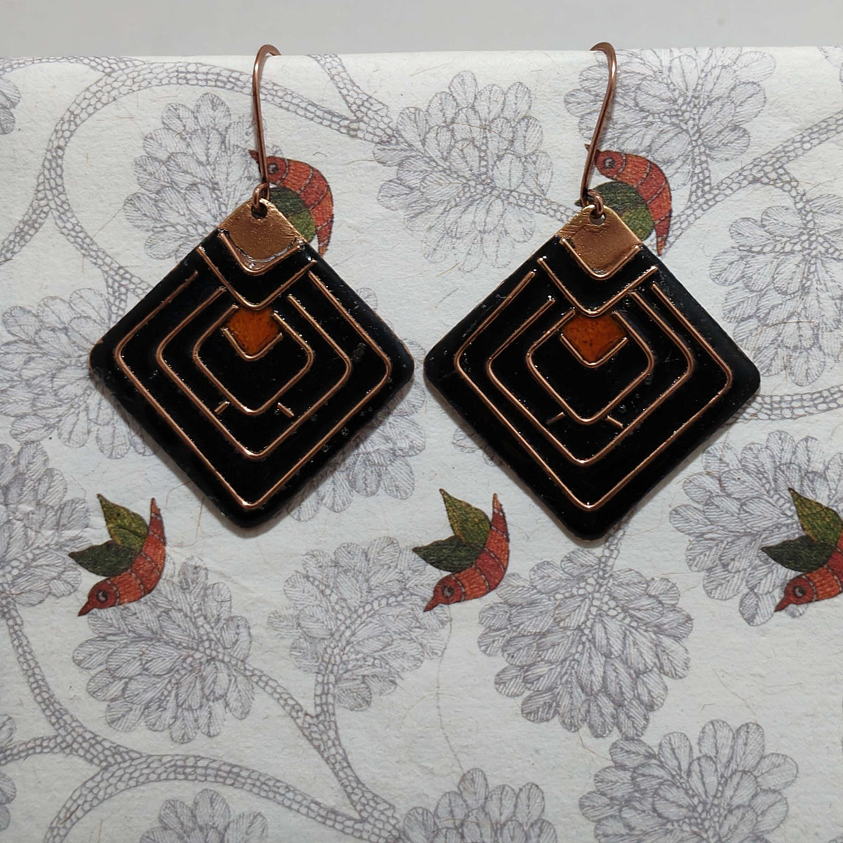 Handcrafted Diamond Shape Black/Orange Copper Enamel Earrings