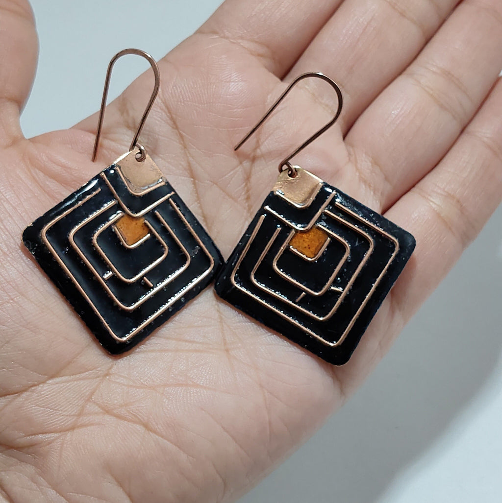 Handcrafted Diamond Shape Black/Orange Copper Enamel Earrings
