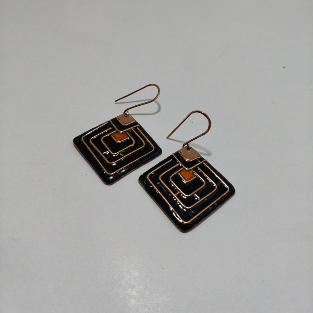 Handcrafted Diamond Shape Black/Orange Copper Enamel Earrings