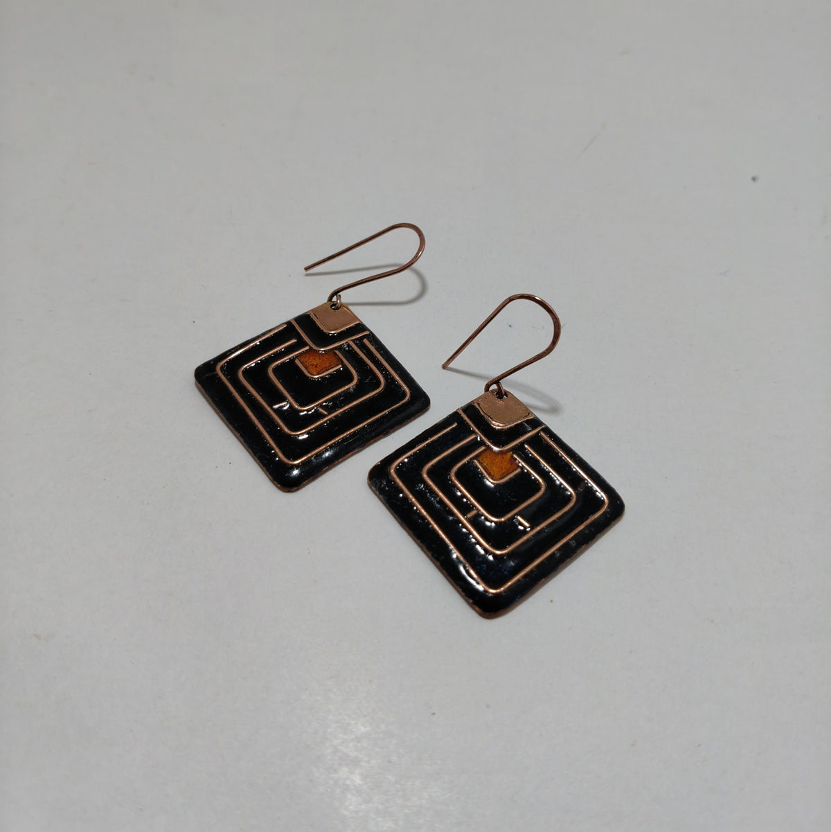 Handcrafted Diamond Shape Black/Orange Copper Enamel Earrings