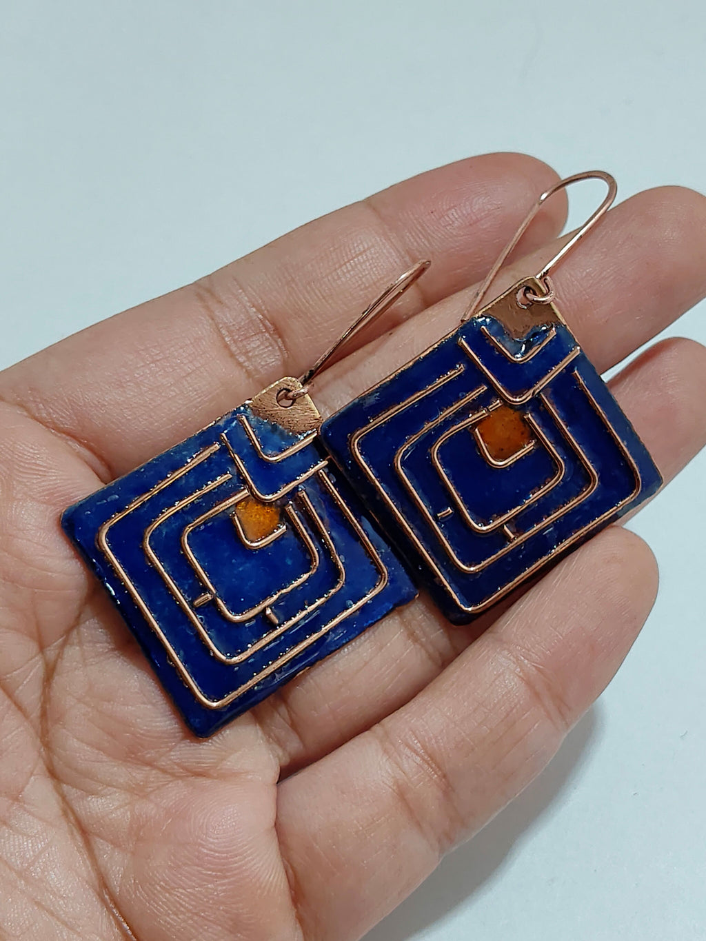 Handcrafted Diamond Shape Black/Orange Copper Enamel Earrings
