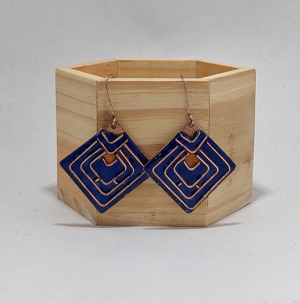 Handcrafted Diamond Shape Black/Orange Copper Enamel Earrings