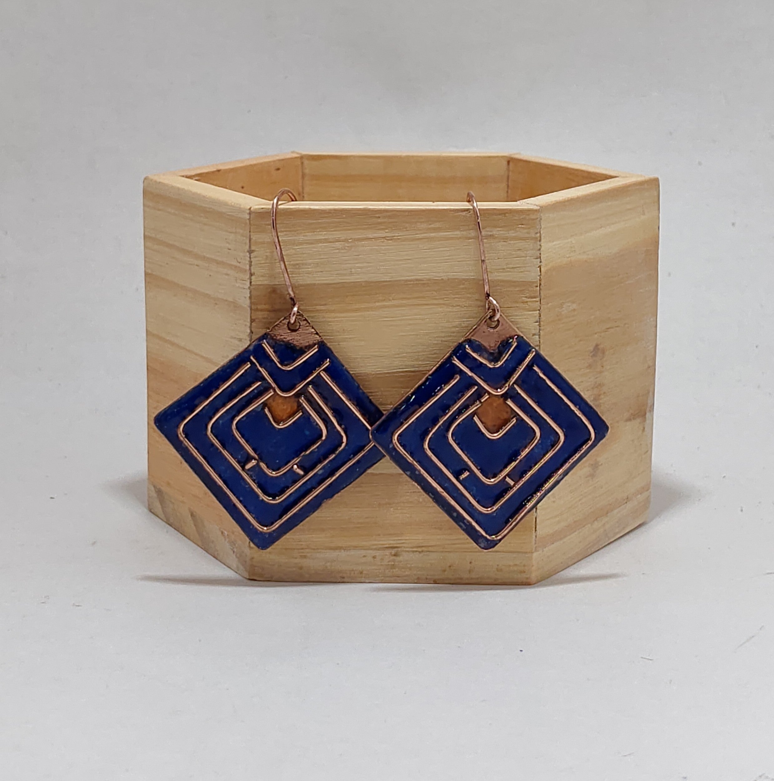 Handcrafted Diamond Shape Black/Orange Copper Enamel Earrings