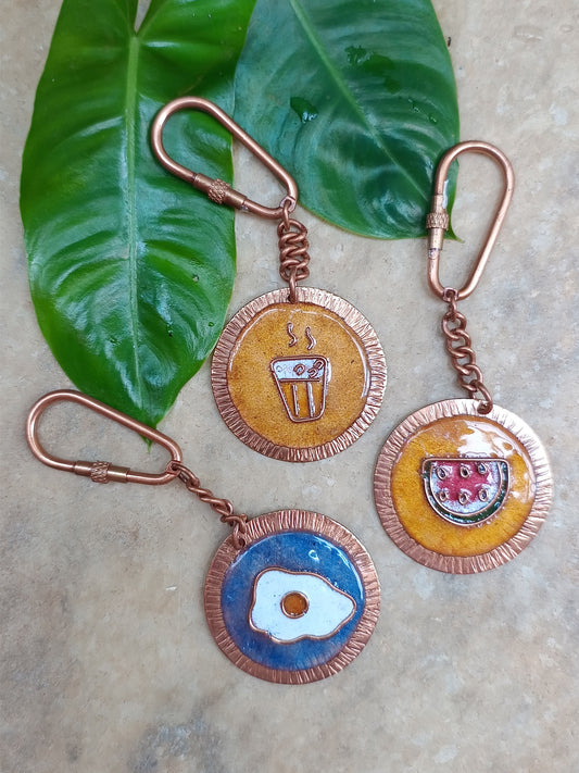 Handcrafted Copper Enamel keychains set of 3- Watermelon/Egg/Tea