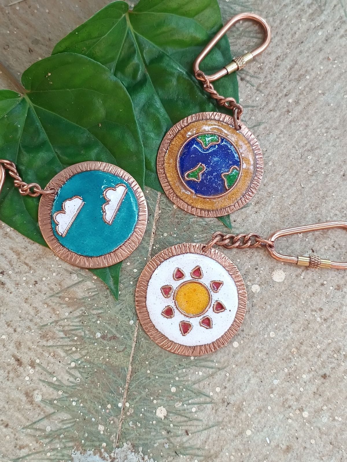 Handcrafted Copper Enamel keychains set of 3- Sun/Earth/Clouds