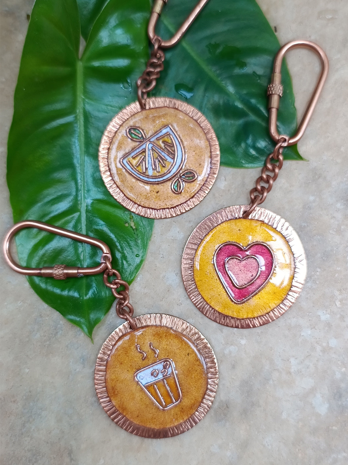 Handcrafted Copper Enamel keychains set of 3- Tea/Lemon/Heart