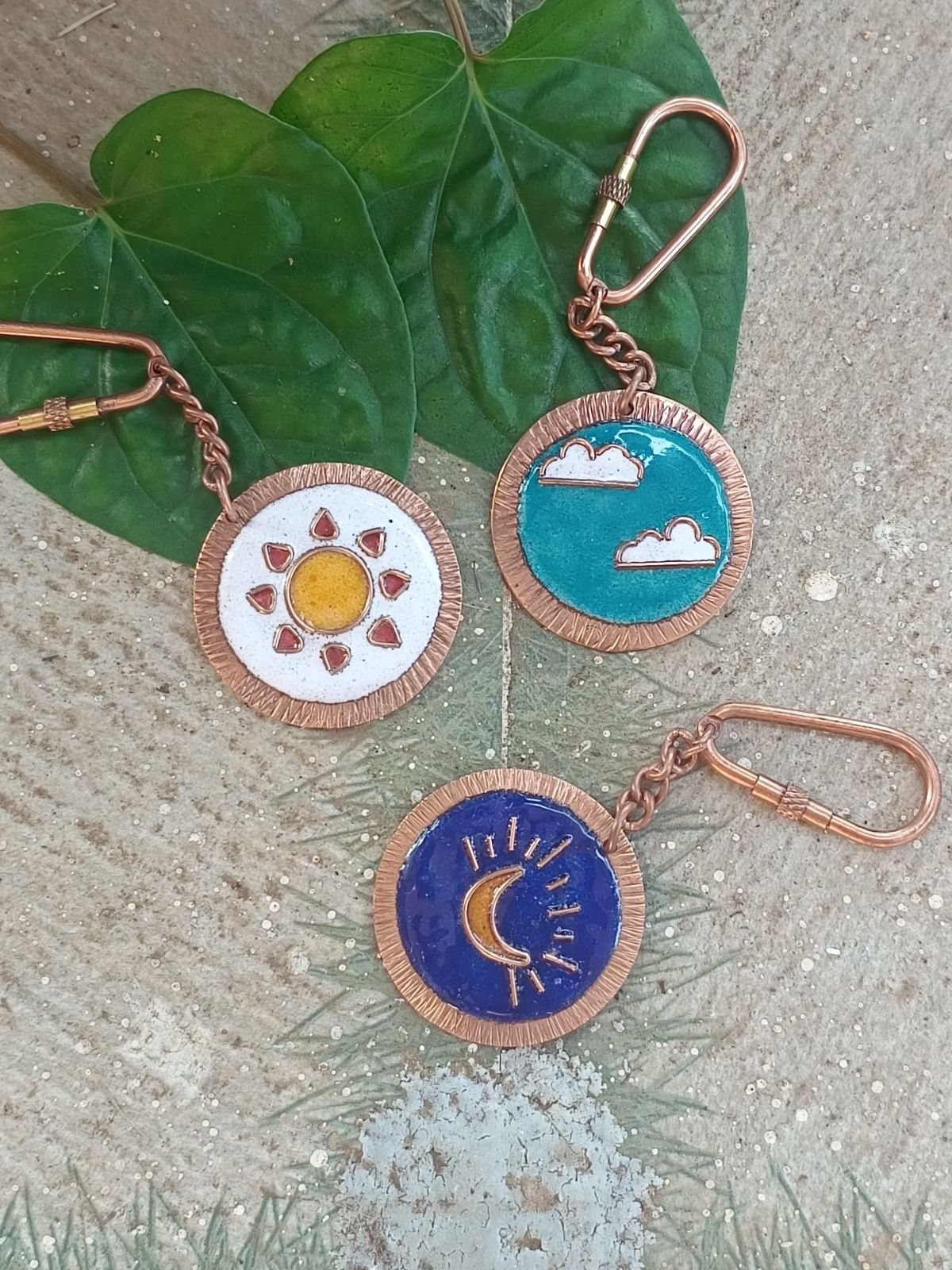 Handcrafted Copper Enamel keychains set of 3- Sun/Moon/Clouds