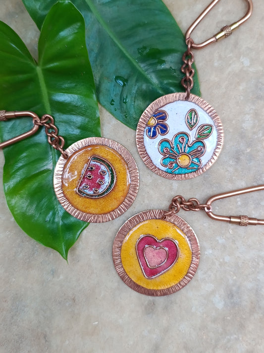 Handcrafted Copper Enamel keychains set of 3- Watermelon/Heart/Flower