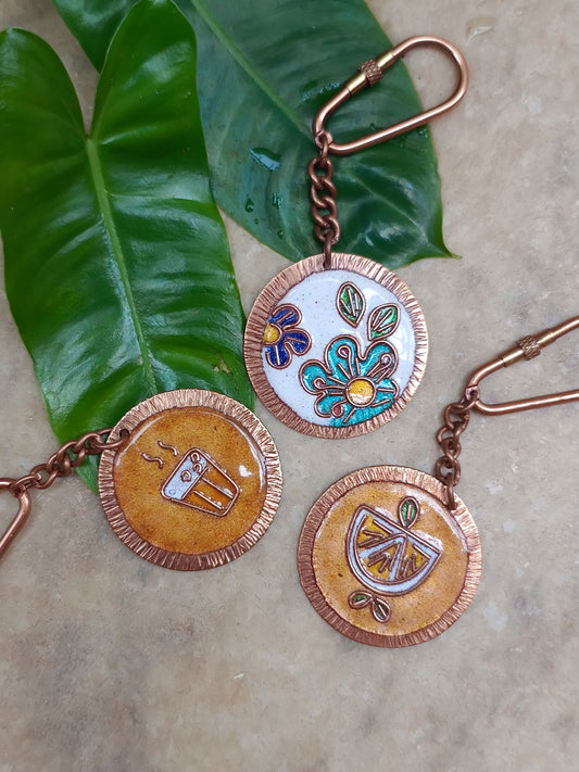 Handcrafted Copper Enamel keychains set of 3- Lemon/Flower/Tea