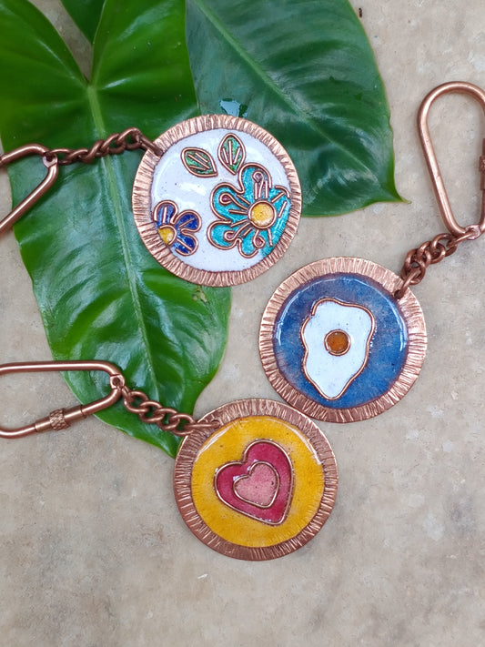 Handcrafted Copper Enamel keychains set of 3- Flower/Heart/Egg