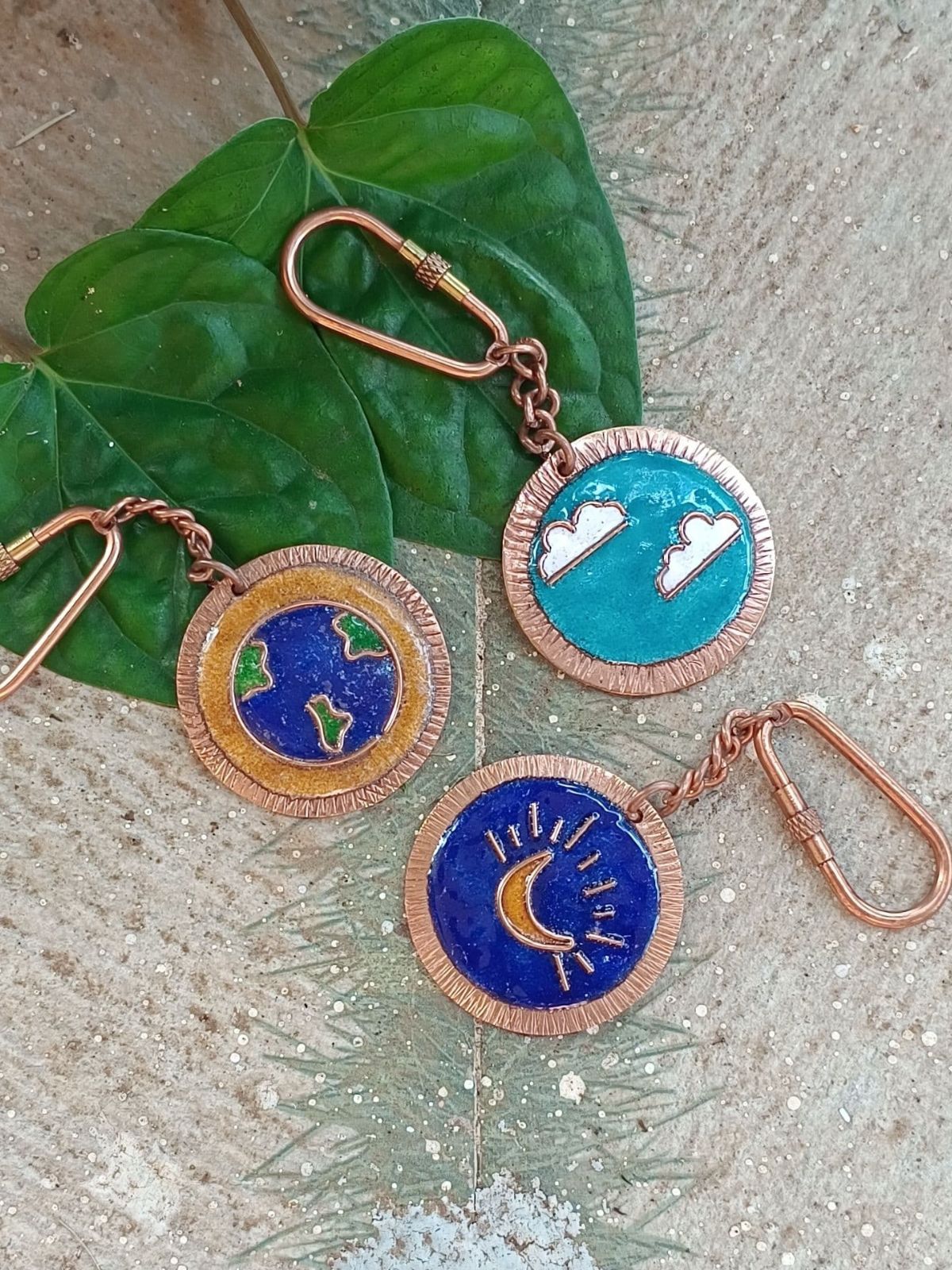 Handcrafted Copper Enamel keychains set of 3- Earth/Clouds/Moon