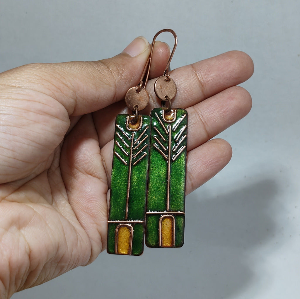 Handcrafted Prairie Green Copper Enamel Earrings