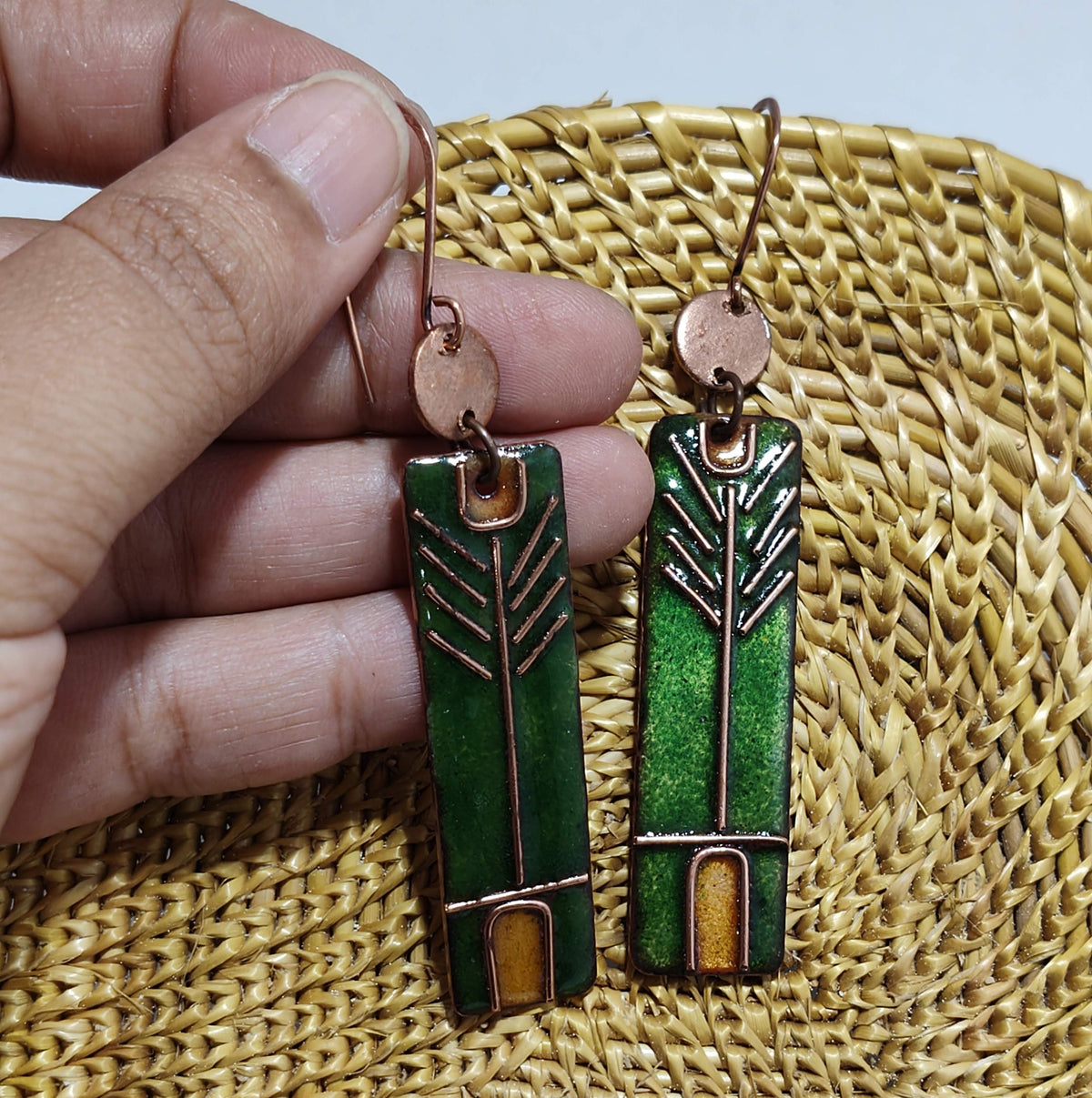 Handcrafted Prairie Green Copper Enamel Earrings