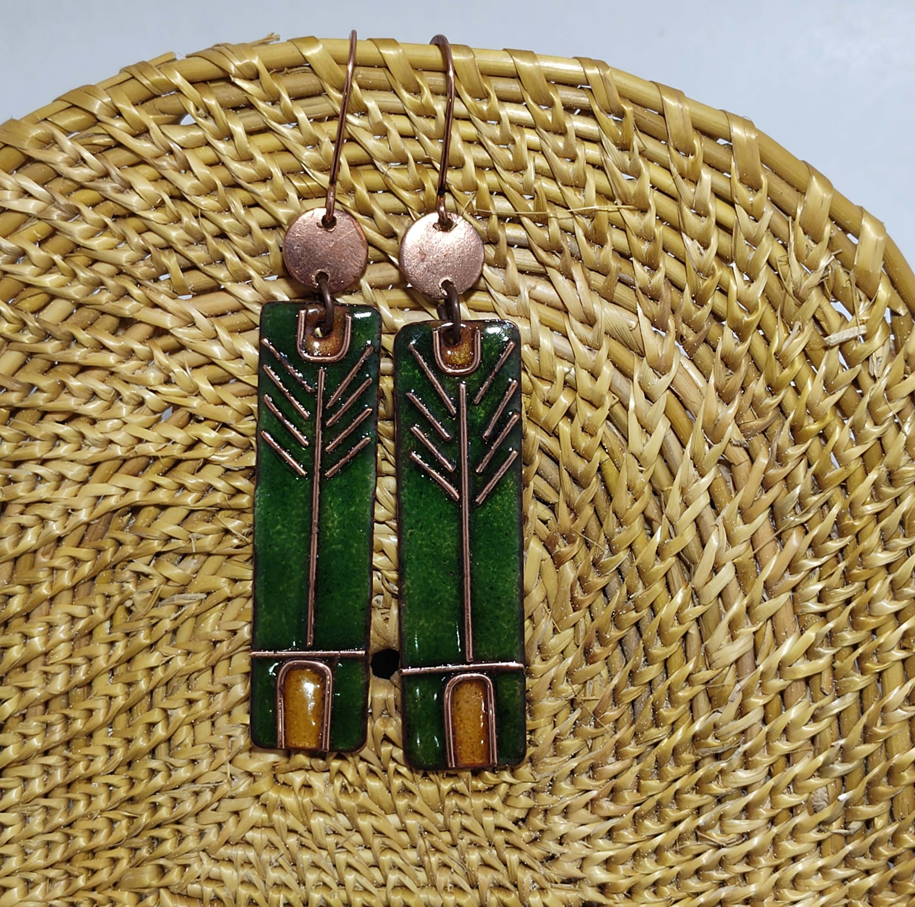 Handcrafted Prairie Green Copper Enamel Earrings