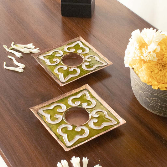 EkiBeki Handcrafted Tealight holder Rangoli Parrot Green Square (Set of 2)