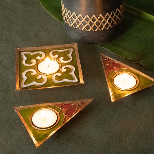 EkiBeki Handcrafted Tealight holder Rangoli Parrot Green Square (Set of 2)