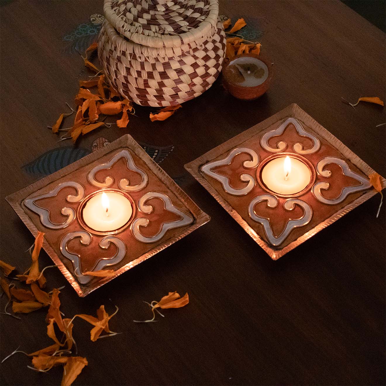 EkiBeki Handcrafted Tealight holder Rangoli Yellow Squares (Set of 2)