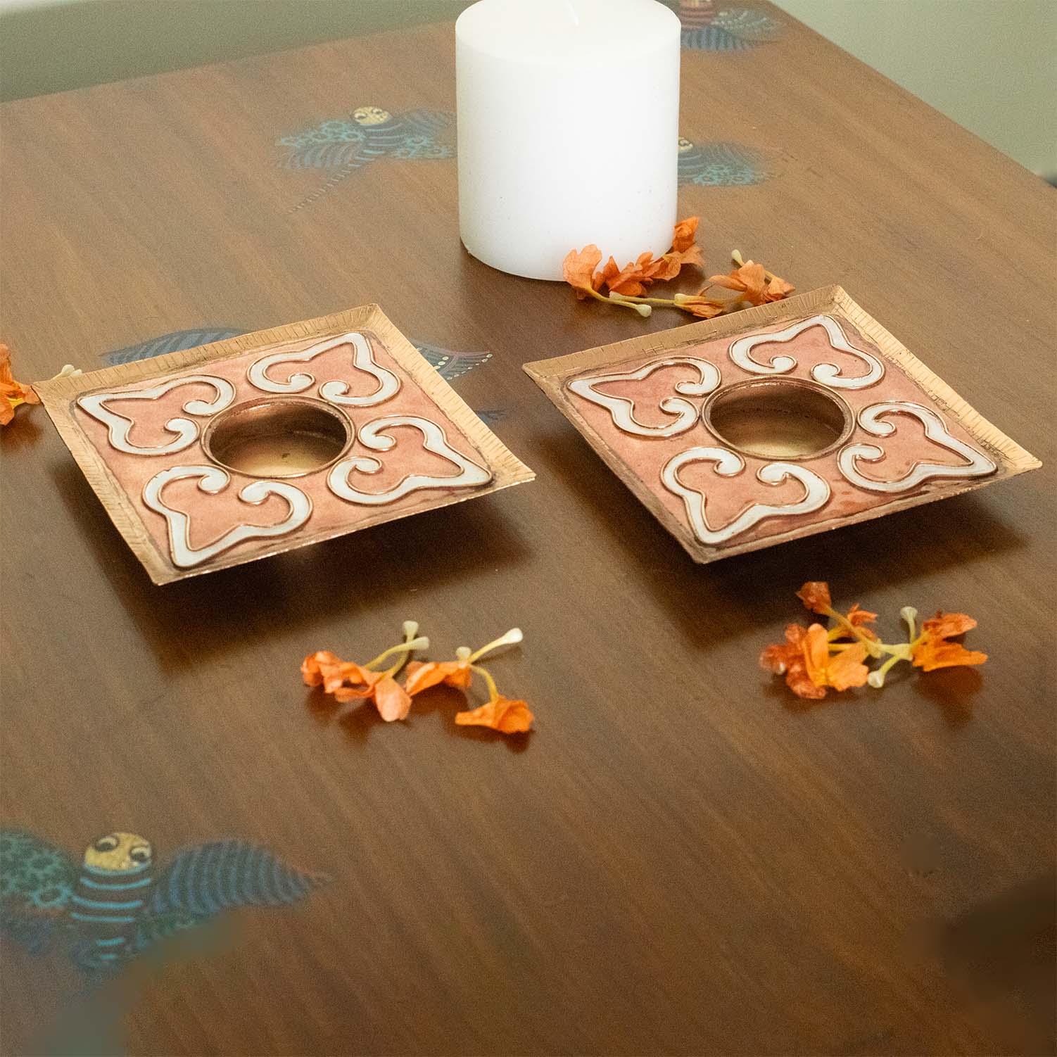 EkiBeki Handcrafted Tealight holder Rangoli Peach Square (Set of 2)